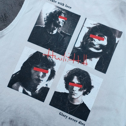 Sleeveless Tee - White Waffle Knit HUILI HDK No Guts No Glory Rock Print Fringe Hem Distressed Y2K Streetwear