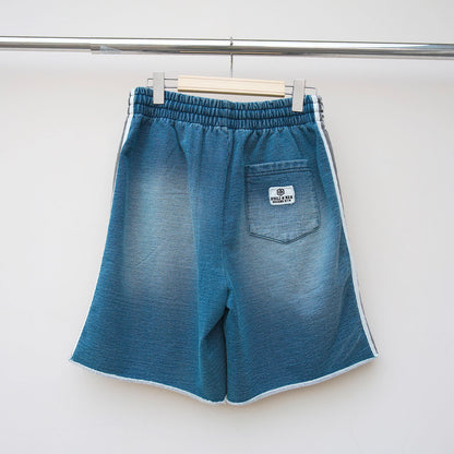 Huilin Shorts aus schwerer Baumwolle mit seitlichem Logo-Aufdruck, individuell gestaltete, sonnengebleichte, gewaschene Herren-Sweatshorts mit übergroßem, rauem Saum und Strasssteinen 