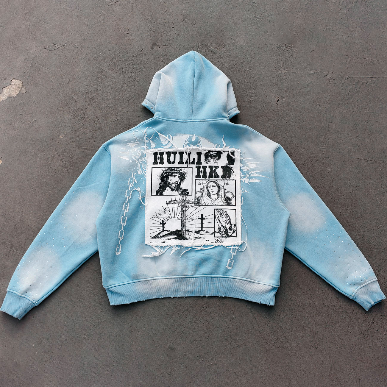 Light Blue Rhinestone Chain Tracksuit - Y2K Gradient Wash Matching Set