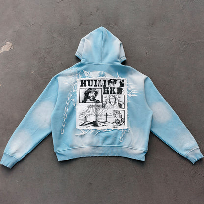 Light Blue Rhinestone Chain Tracksuit - Y2K Gradient Wash Matching Set