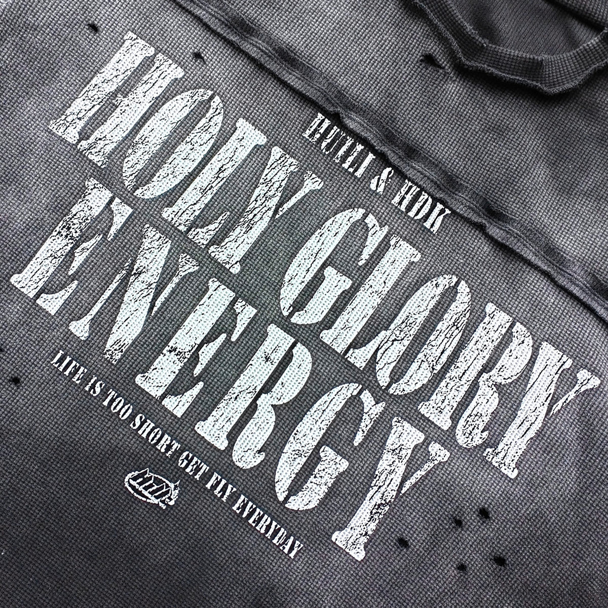 HOLY GLORY ENERGY Football Jersey Tee - Black White Waffle Knit Distressed Ripped Asymmetric Hem Y2K Streetwear