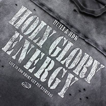 HOLY GLORY ENERGY Football Jersey Tee - Black White Waffle Knit Distressed Ripped Asymmetric Hem Y2K Streetwear