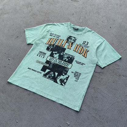 HUILI HDK Graphic Tee - Mint Green Acid Wash Vintage Collage Portrait Print Y2K Streetwear