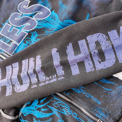 Distressed Zip Up Hoodie - FEARLESS Skull Print Vintage Streetwear