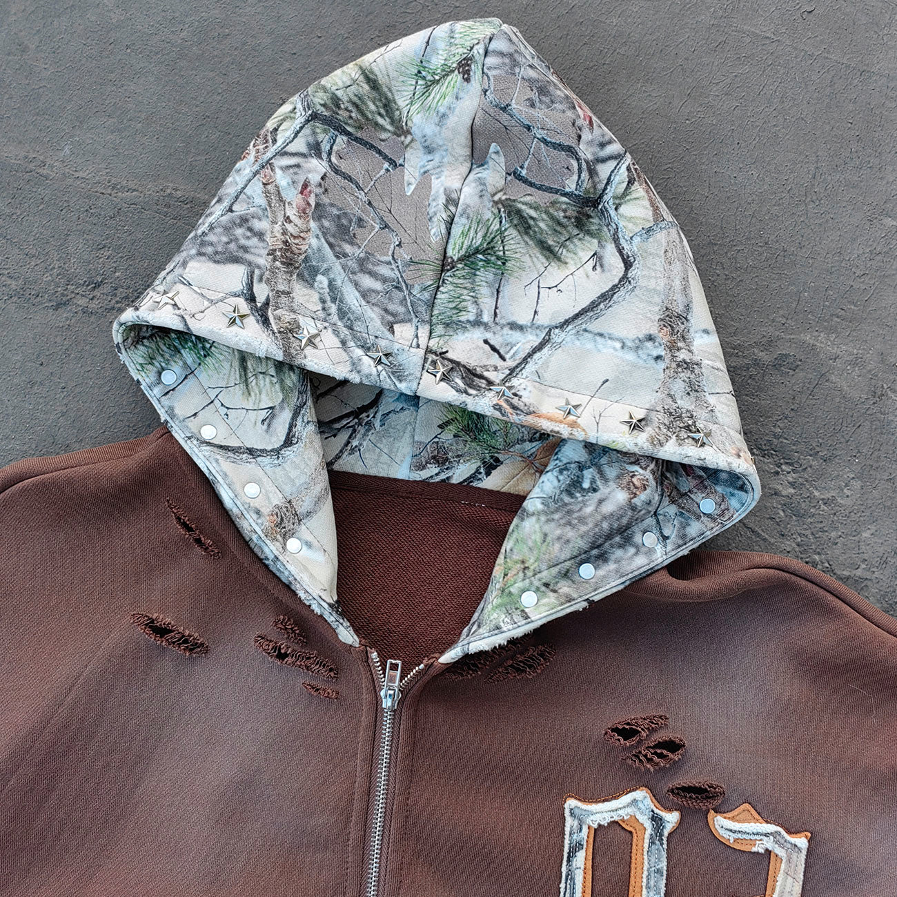 Camo Patchwork Zip Up Hoodie - Brown 03 Number Studded Distressed Y2K Streetwear