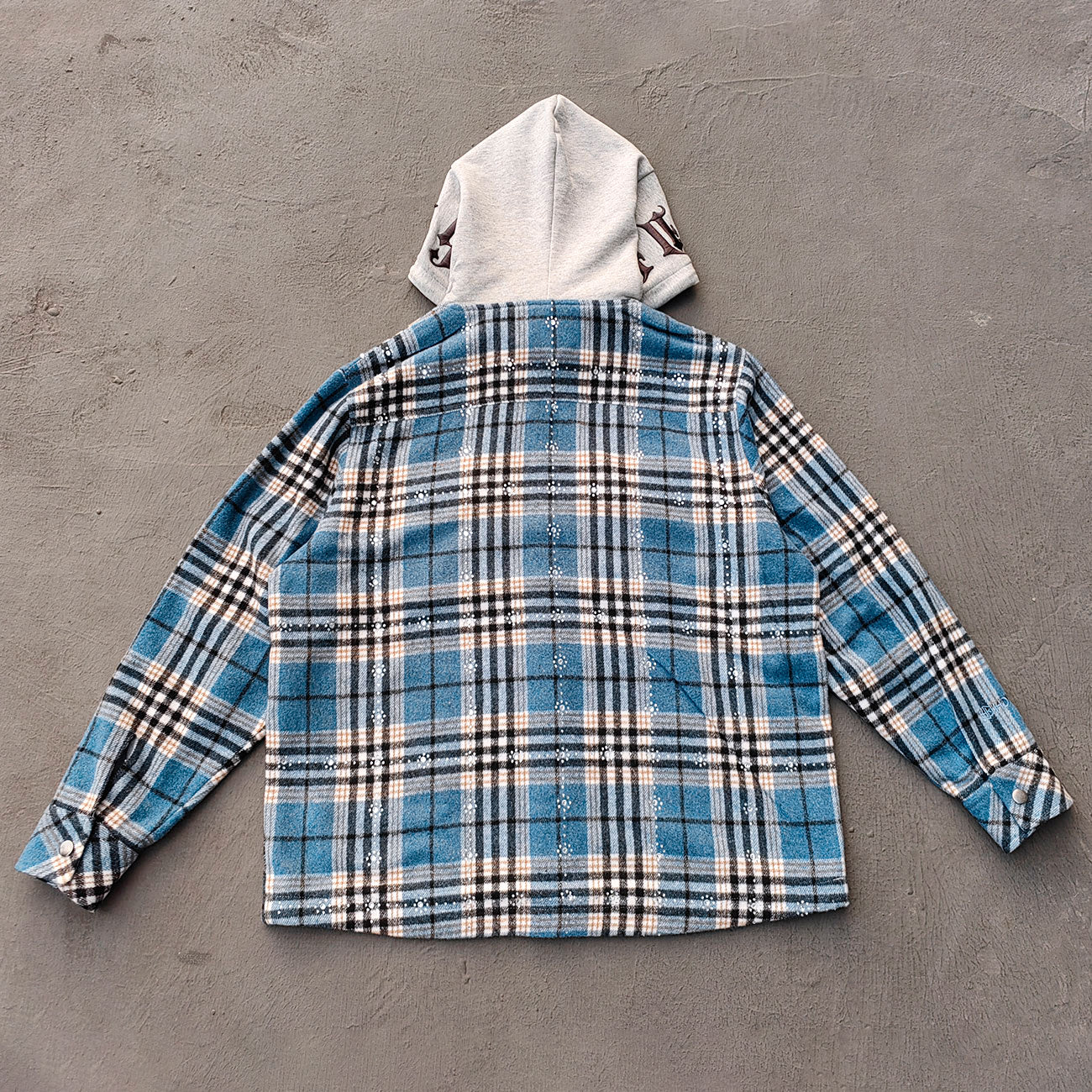 Gothic Embroidered Hooded Flannel - Blue Plaid Rhinestone Snap Button Shacket