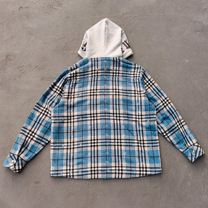 Gothic Embroidered Hooded Flannel - Blue Plaid Rhinestone Snap Button Shacket