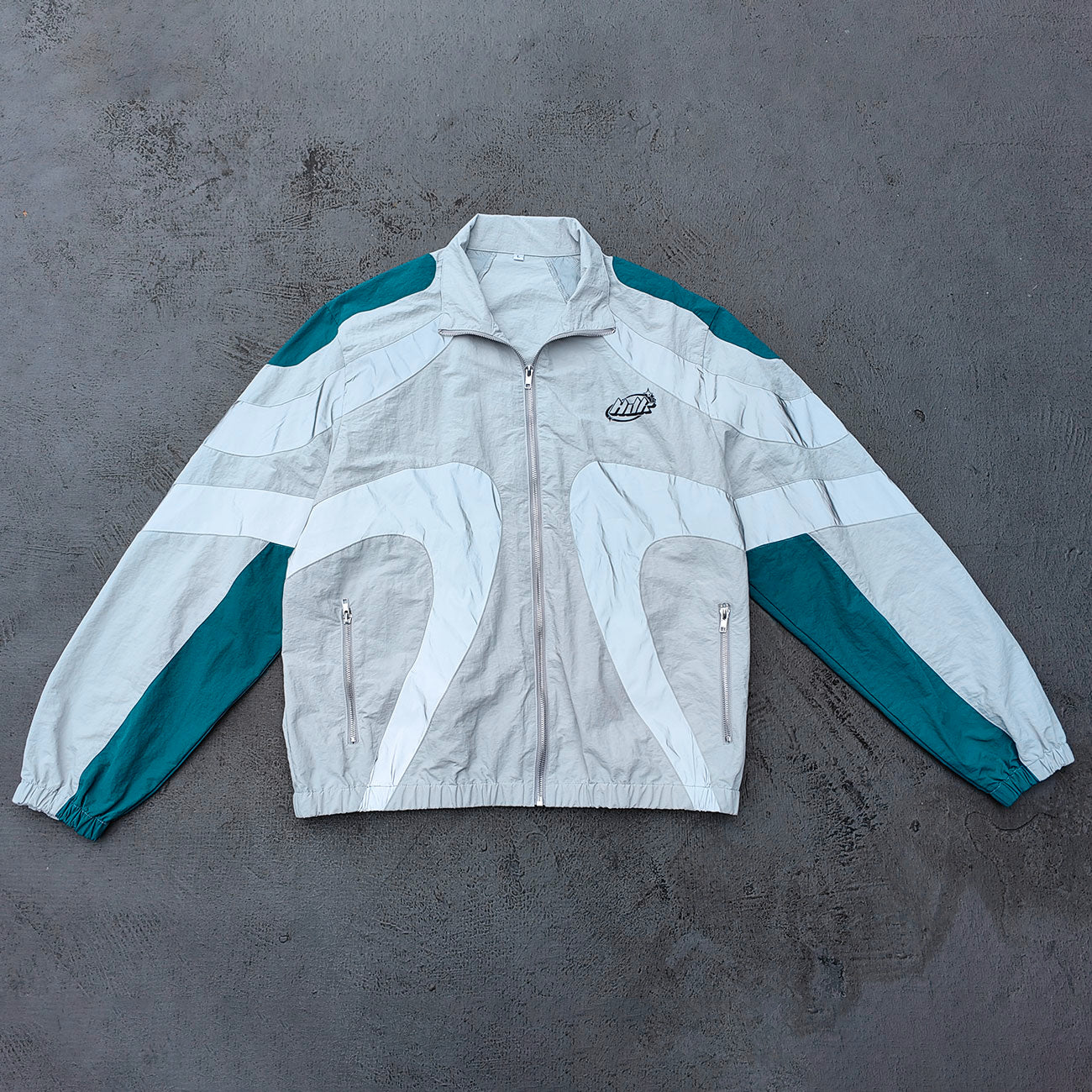 Color Block Track Suit Set - Light Gray Teal Stand Collar Windbreaker Jacket Shorts Y2K Streetwear