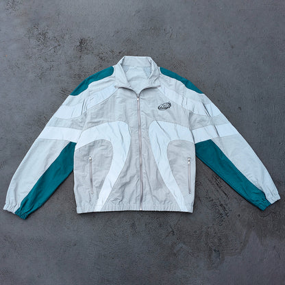 Color Block Track Suit Set - Light Gray Teal Stand Collar Windbreaker Jacket Shorts Y2K Streetwear