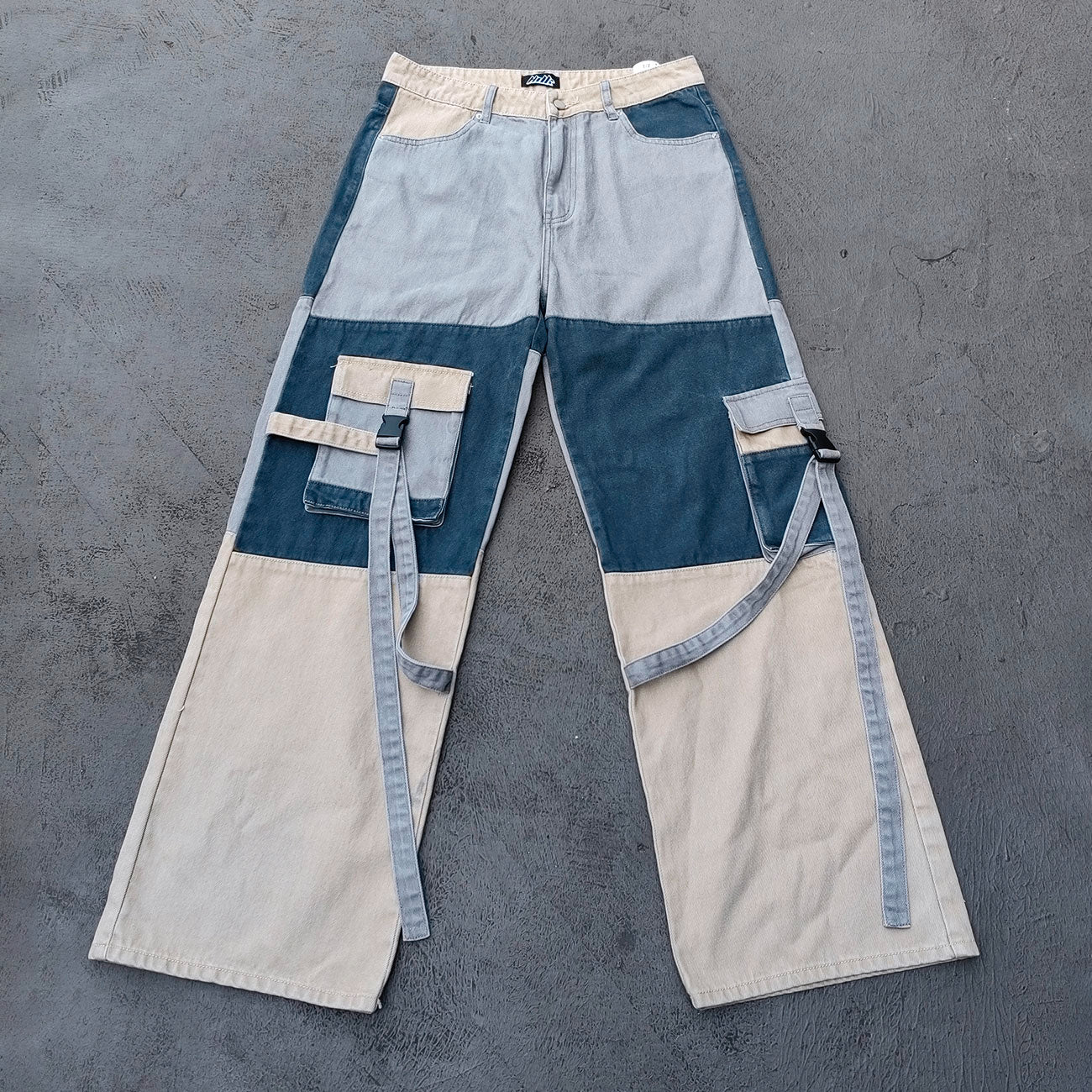 Wide Leg Cargo Jeans - Khaki Gray Blue Three Tone Panel Strap Buckle Color Block Y2K Streetwear
