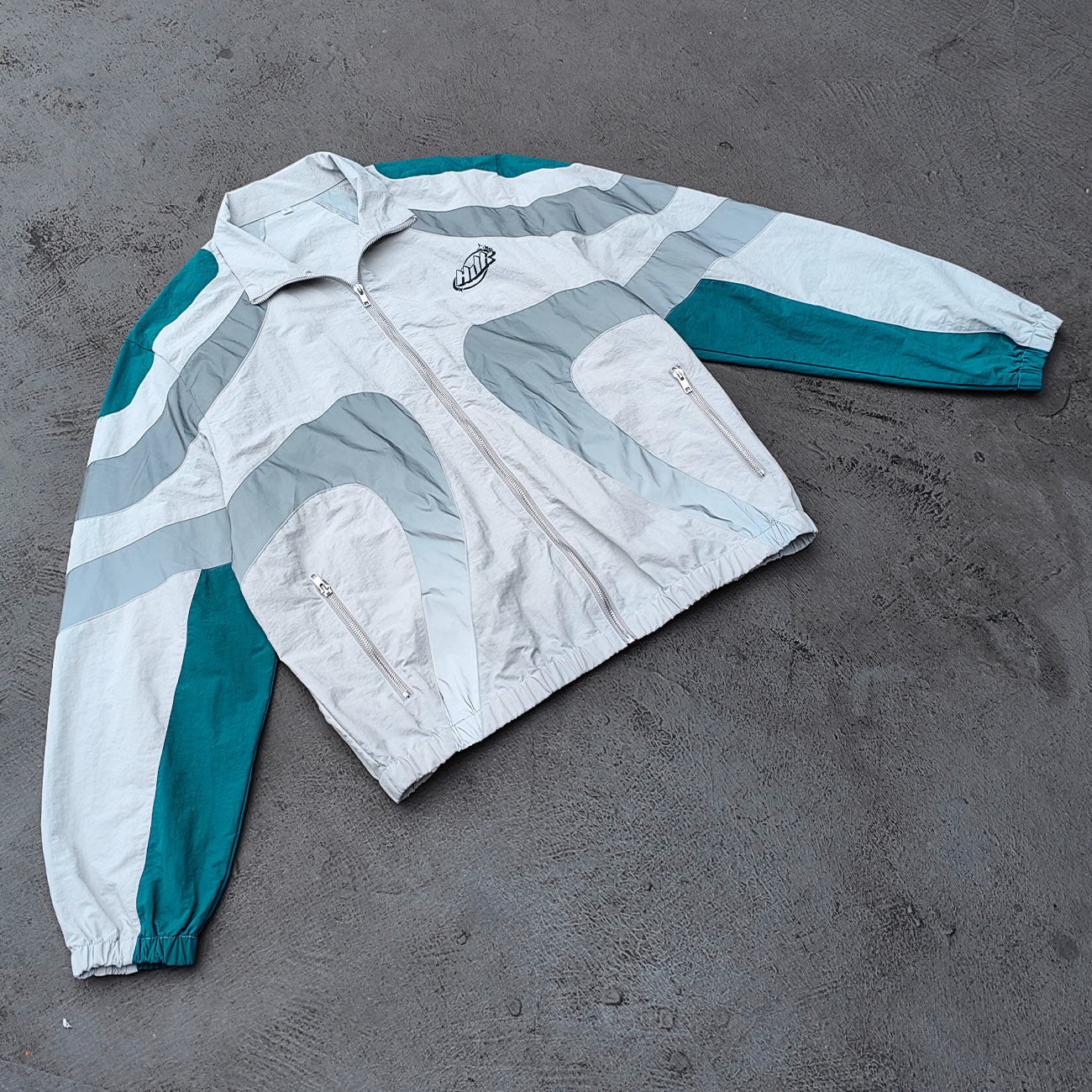 Color Block Track Suit Set - Light Gray Teal Stand Collar Windbreaker Jacket Shorts Y2K Streetwear