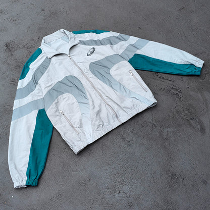 Color Block Track Suit Set - Light Gray Teal Stand Collar Windbreaker Jacket Shorts Y2K Streetwear