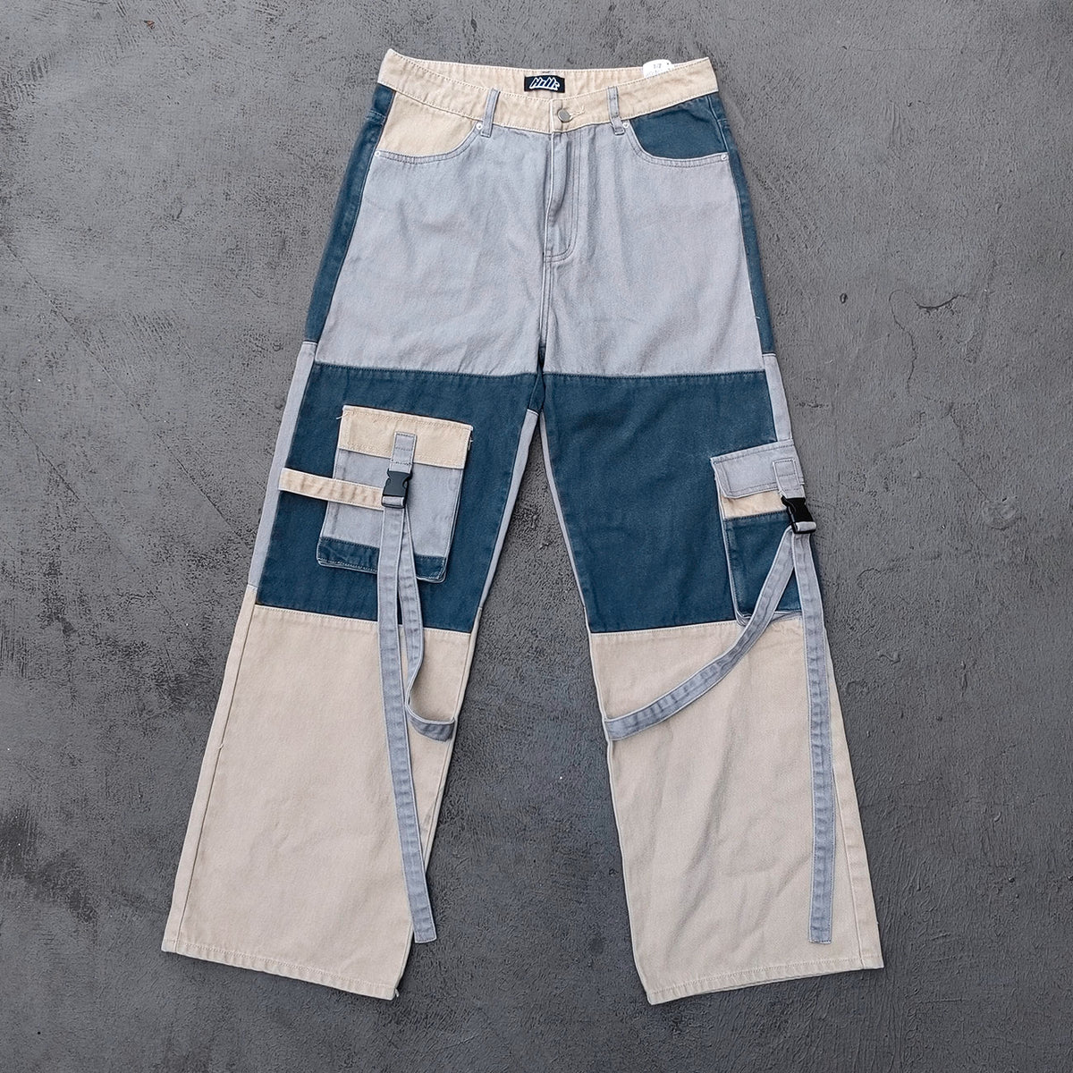 Wide Leg Cargo Jeans - Khaki Gray Blue Three Tone Panel Strap Buckle Color Block Y2K Streetwear
