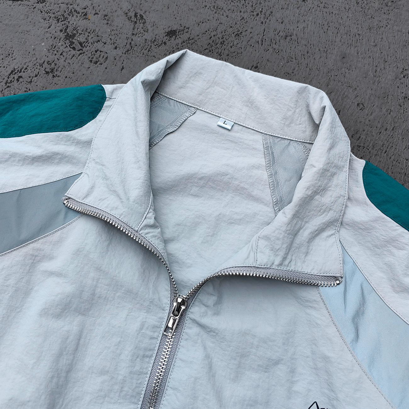 Color Block Track Suit Set - Light Gray Teal Stand Collar Windbreaker Jacket Shorts Y2K Streetwear