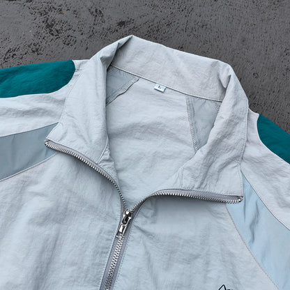 Color Block Track Suit Set - Light Gray Teal Stand Collar Windbreaker Jacket Shorts Y2K Streetwear