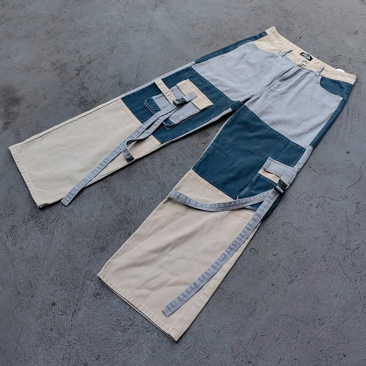 Wide Leg Cargo Jeans - Khaki Gray Blue Three Tone Panel Strap Buckle Color Block Y2K Streetwear