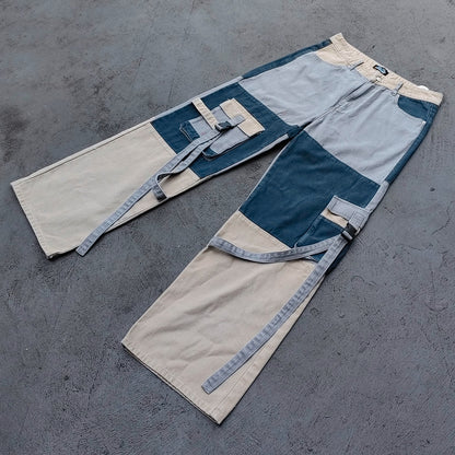 Wide Leg Cargo Jeans - Khaki Gray Blue Three Tone Panel Strap Buckle Color Block Y2K Streetwear
