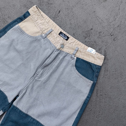 Wide Leg Cargo Jeans - Khaki Gray Blue Three Tone Panel Strap Buckle Color Block Y2K Streetwear