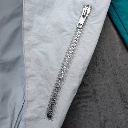 Color Block Track Suit Set - Light Gray Teal Stand Collar Windbreaker Jacket Shorts Y2K Streetwear