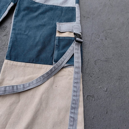 Wide Leg Cargo Jeans - Khaki Gray Blue Three Tone Panel Strap Buckle Color Block Y2K Streetwear