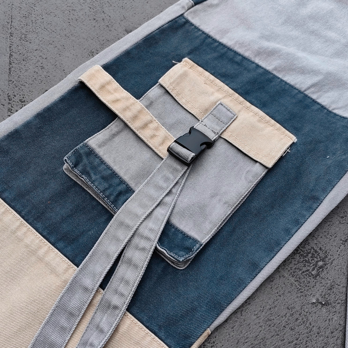Wide Leg Cargo Jeans - Khaki Gray Blue Three Tone Panel Strap Buckle Color Block Y2K Streetwear