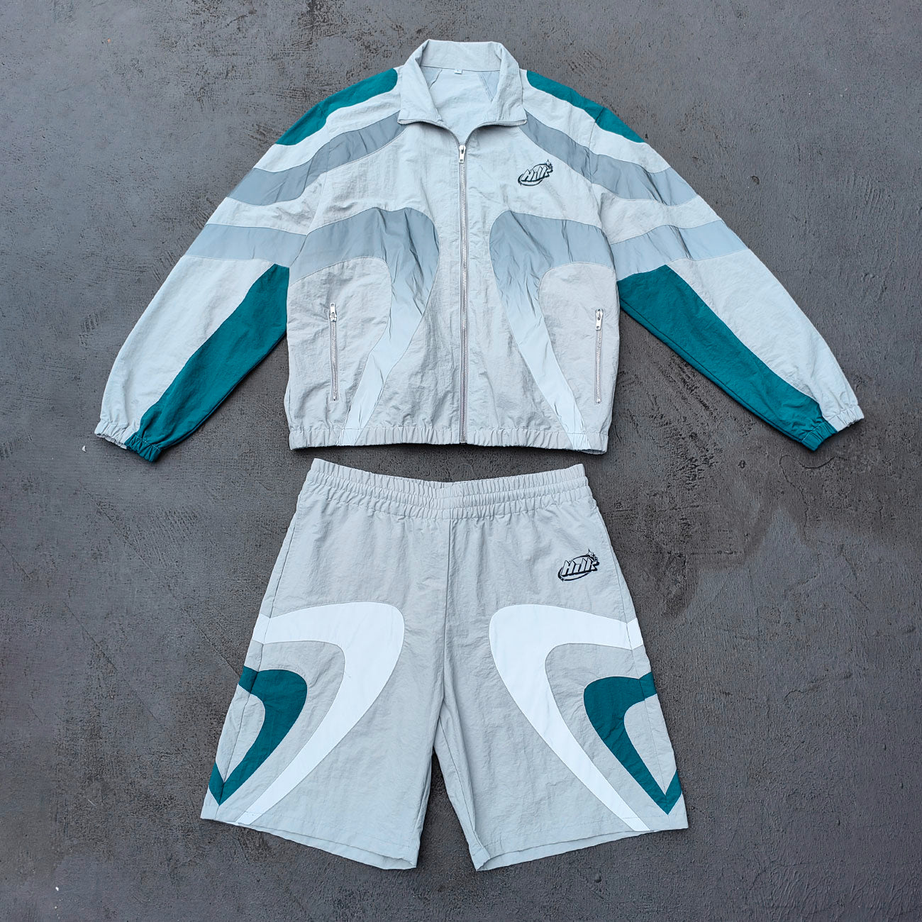 Color Block Track Suit Set - Light Gray Teal Stand Collar Windbreaker Jacket Shorts Y2K Streetwear