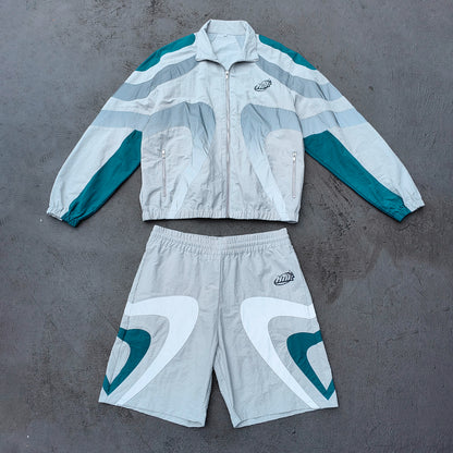 Color Block Track Suit Set - Light Gray Teal Stand Collar Windbreaker Jacket Shorts Y2K Streetwear