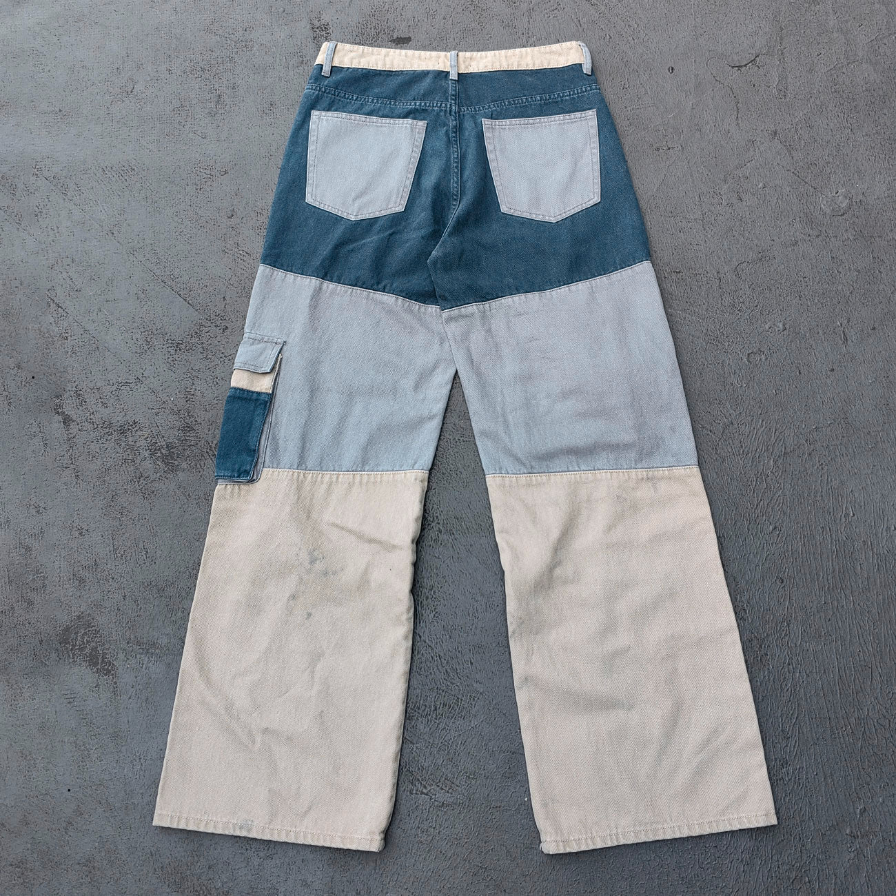 Wide Leg Cargo Jeans - Khaki Gray Blue Three Tone Panel Strap Buckle Color Block Y2K Streetwear