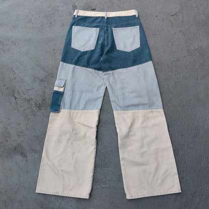 Wide Leg Cargo Jeans - Khaki Gray Blue Three Tone Panel Strap Buckle Color Block Y2K Streetwear