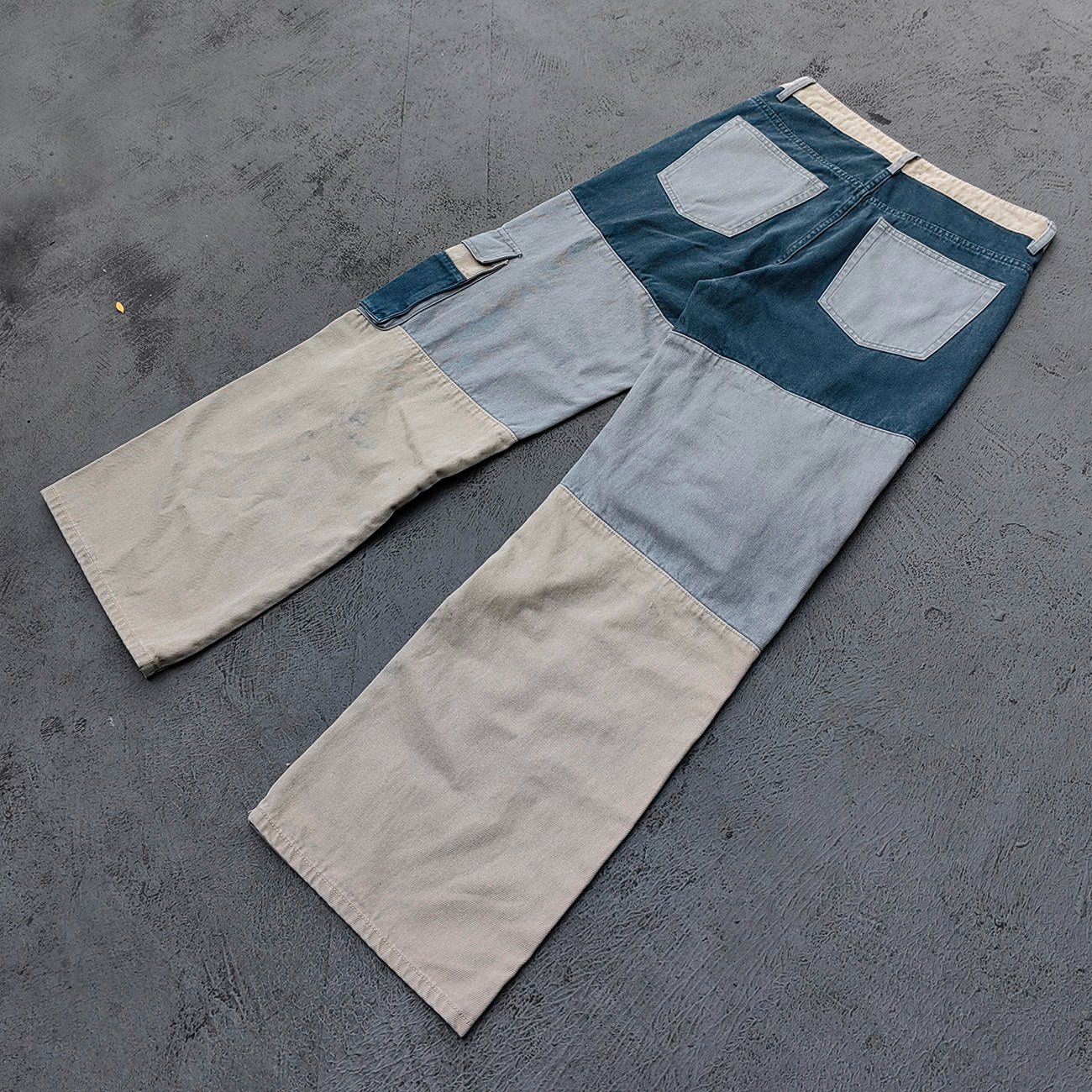 Wide Leg Cargo Jeans - Khaki Gray Blue Three Tone Panel Strap Buckle Color Block Y2K Streetwear