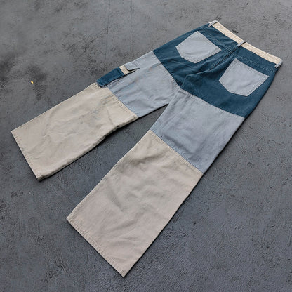 Wide Leg Cargo Jeans - Khaki Gray Blue Three Tone Panel Strap Buckle Color Block Y2K Streetwear