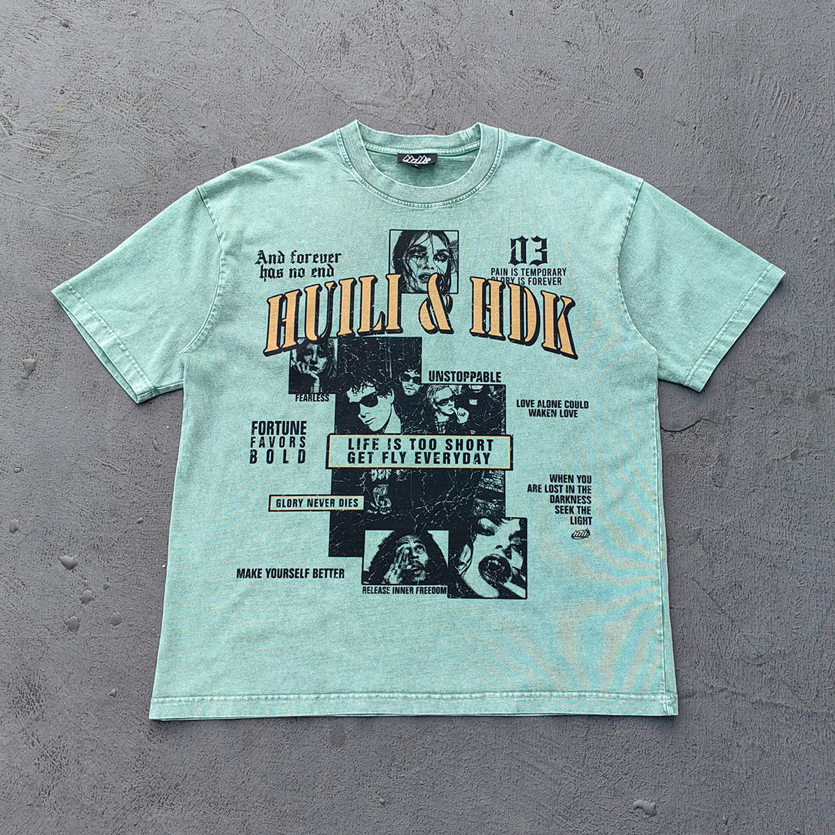 HUILI HDK Graphic Tee - Mint Green Acid Wash Vintage Collage Portrait Print Y2K Streetwear