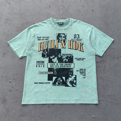 HUILI HDK Graphic Tee - Mint Green Acid Wash Vintage Collage Portrait Print Y2K Streetwear
