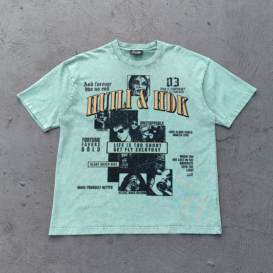 HUILI HDK Graphic Tee - Mint Green Acid Wash Vintage Collage Portrait Print Y2K Streetwear