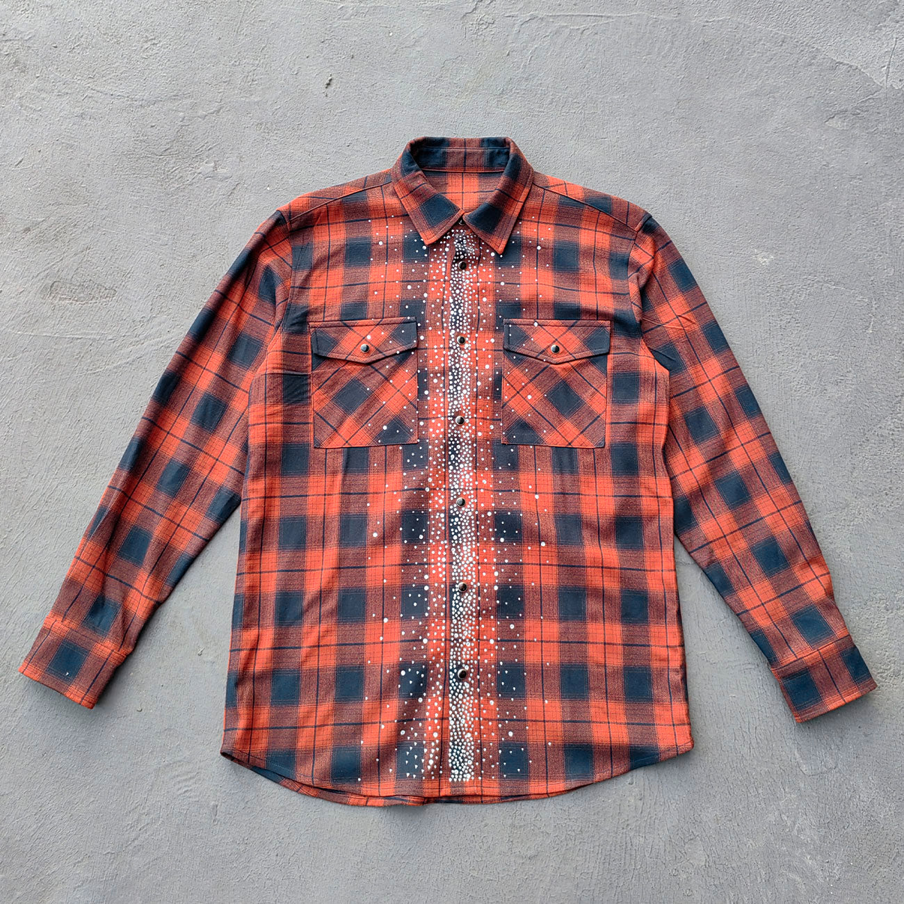 Rhinestone Plaid Shirt - Orange Black Flannel Y2K Snap Button Oversized