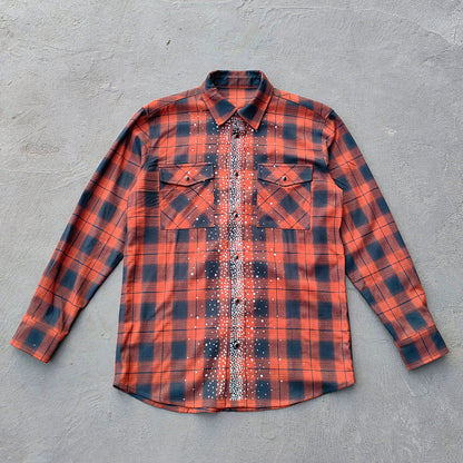 Rhinestone Plaid Shirt - Orange Black Flannel Y2K Snap Button Oversized