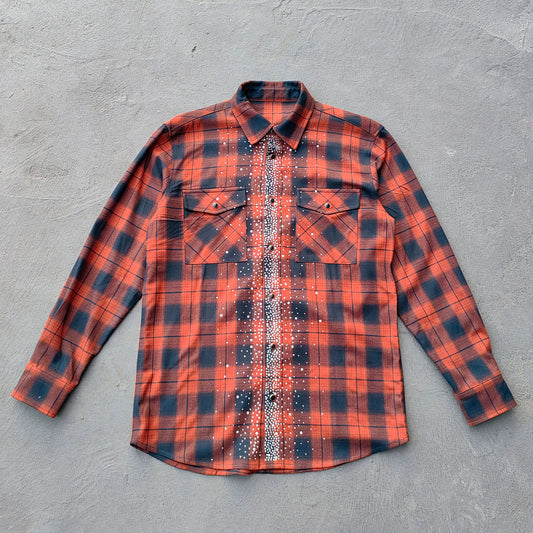 Rhinestone Plaid Shirt - Orange Black Flannel Y2K Snap Button Oversized