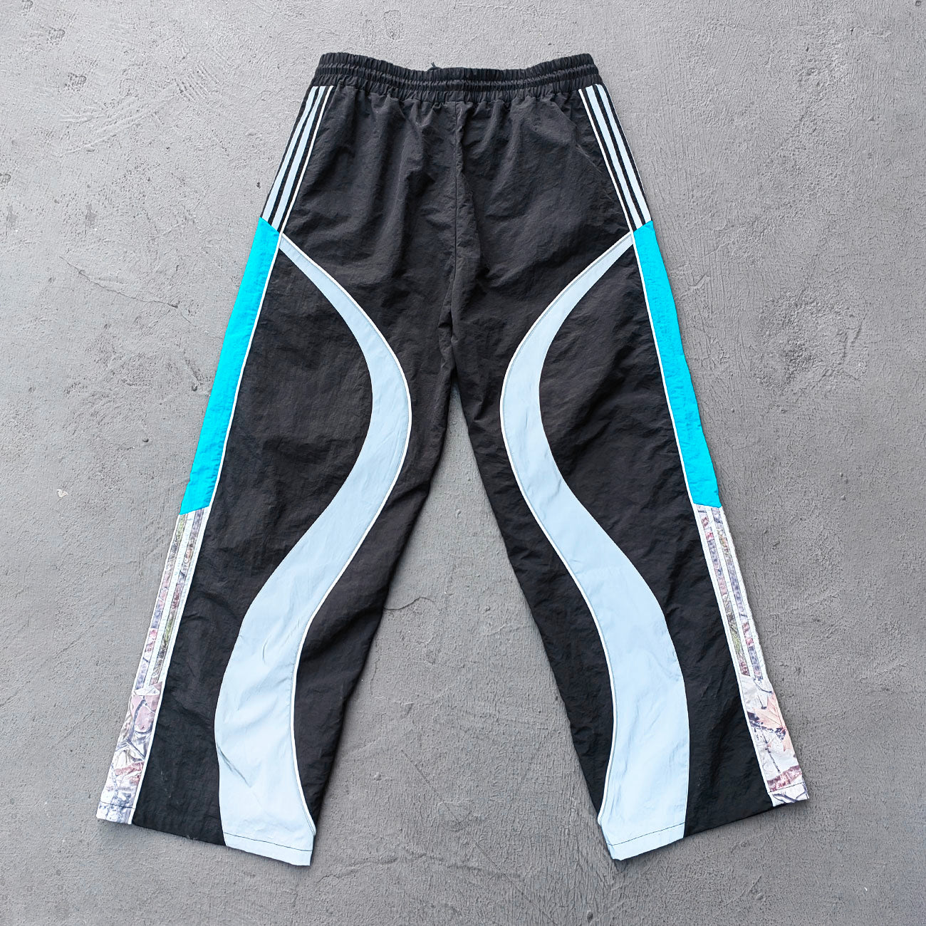 Y2K Black Track Pants - Blue Gray Curved Panel Three Stripe HDK Logo Wide Leg Streetwear