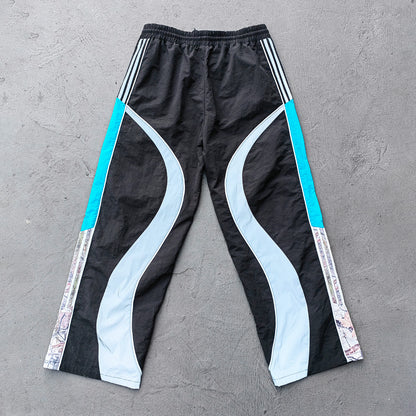 Y2K Black Track Pants - Blue Gray Curved Panel Three Stripe HDK Logo Wide Leg Streetwear