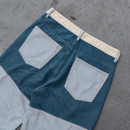 Wide Leg Cargo Jeans - Khaki Gray Blue Three Tone Panel Strap Buckle Color Block Y2K Streetwear