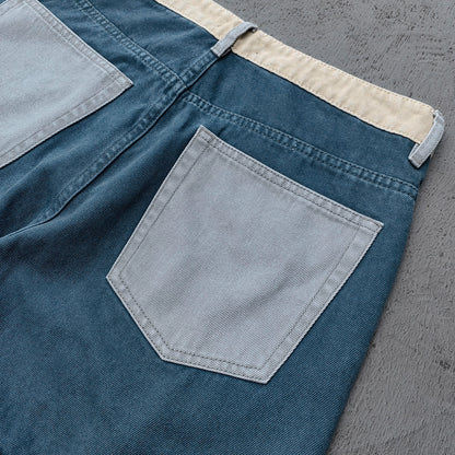 Wide Leg Cargo Jeans - Khaki Gray Blue Three Tone Panel Strap Buckle Color Block Y2K Streetwear