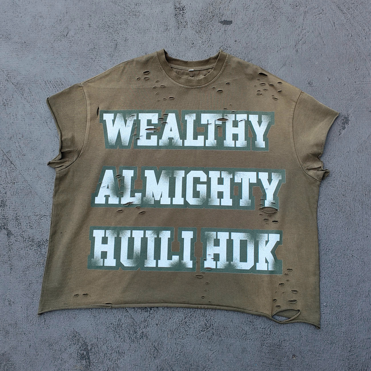 Sleeveless Tee - Army Green WEALTHY ALMIGHTY HUILI HDK Big Letter Print Distressed Cut Off Y2K Streetwear