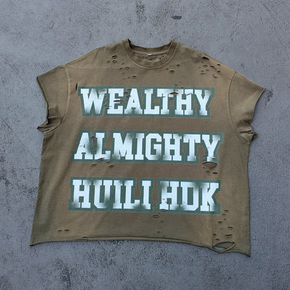 Sleeveless Tee - Army Green WEALTHY ALMIGHTY HUILI HDK Big Letter Print Distressed Cut Off Y2K Streetwear