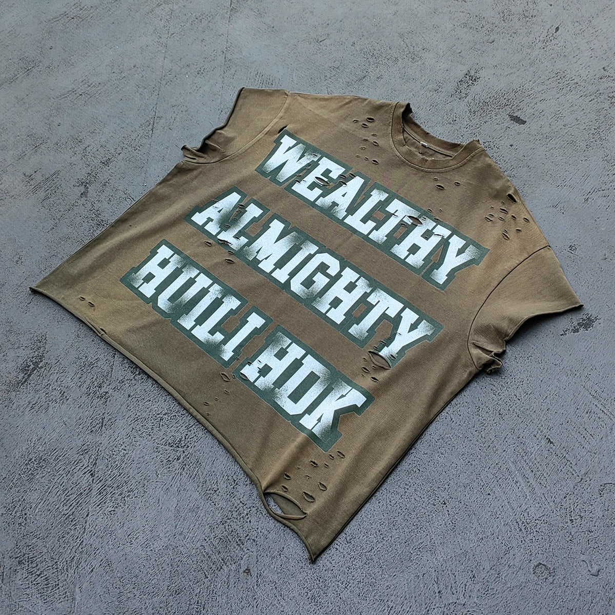 Sleeveless Tee - Army Green WEALTHY ALMIGHTY HUILI HDK Big Letter Print Distressed Cut Off Y2K Streetwear