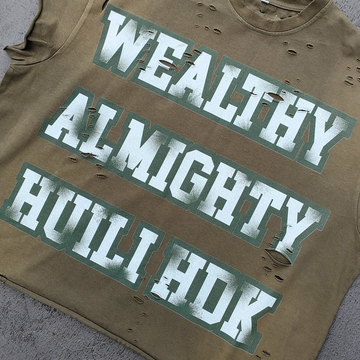 Sleeveless Tee - Army Green WEALTHY ALMIGHTY HUILI HDK Big Letter Print Distressed Cut Off Y2K Streetwear