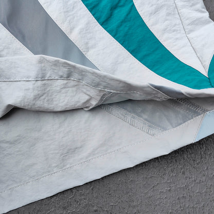 Color Block Track Suit Set - Light Gray Teal Stand Collar Windbreaker Jacket Shorts Y2K Streetwear