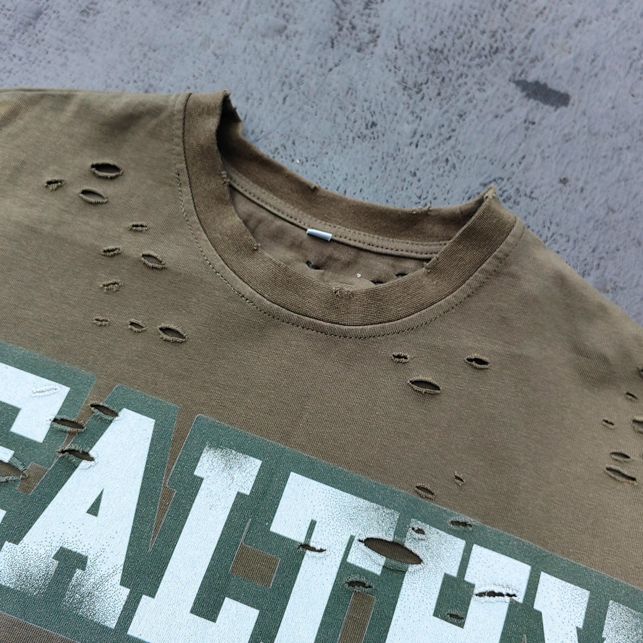 Sleeveless Tee - Army Green WEALTHY ALMIGHTY HUILI HDK Big Letter Print Distressed Cut Off Y2K Streetwear