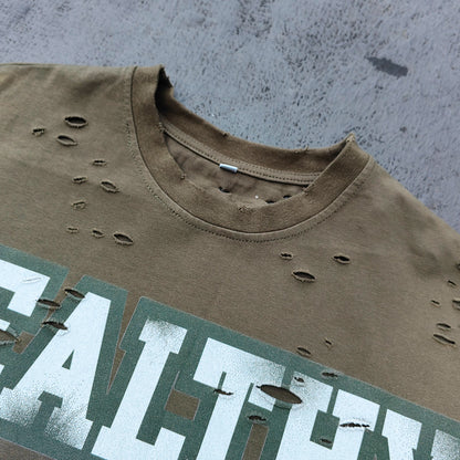 Sleeveless Tee - Army Green WEALTHY ALMIGHTY HUILI HDK Big Letter Print Distressed Cut Off Y2K Streetwear