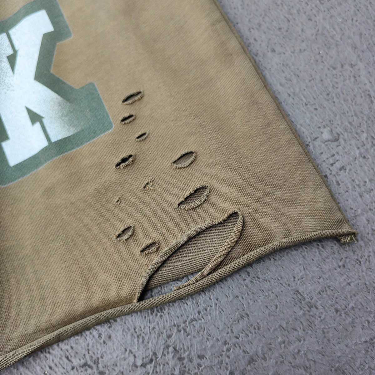 Sleeveless Tee - Army Green WEALTHY ALMIGHTY HUILI HDK Big Letter Print Distressed Cut Off Y2K Streetwear