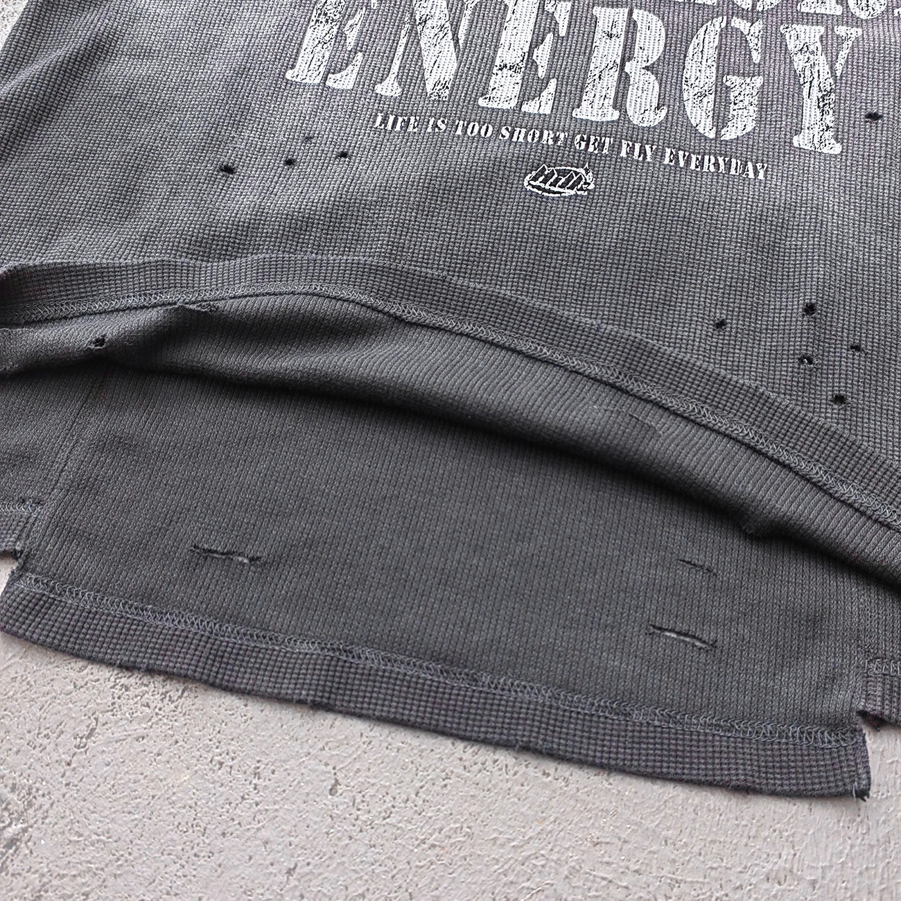 HOLY GLORY ENERGY Football Jersey Tee - Black White Waffle Knit Distressed Ripped Asymmetric Hem Y2K Streetwear
